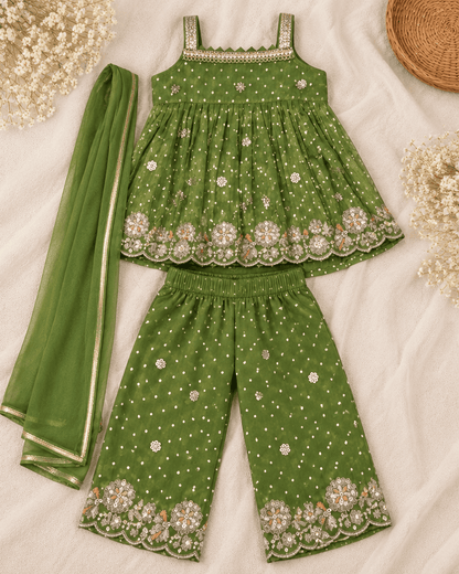 Girls Olive Green Tissue Silk Kurti Pant Set