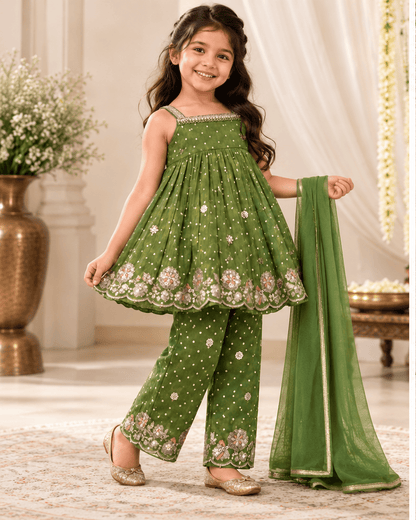 Girls Olive Green Tissue Silk Kurti Pant Set