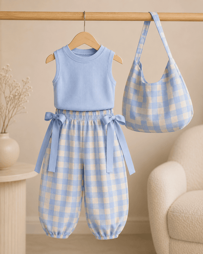 Plaid Top And Bow Pants Three-Piece Set