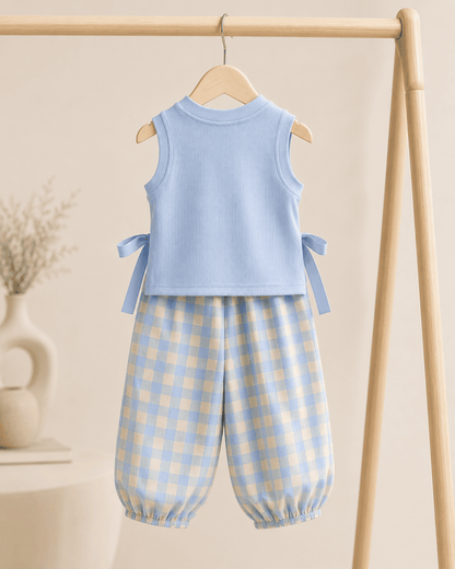 Plaid Top And Bow Pants Three-Piece Set