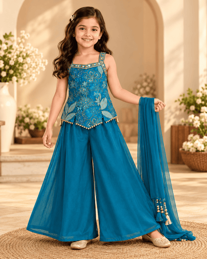 Girls Turquoise Blue Soft Silk Embroidered Sharara Set