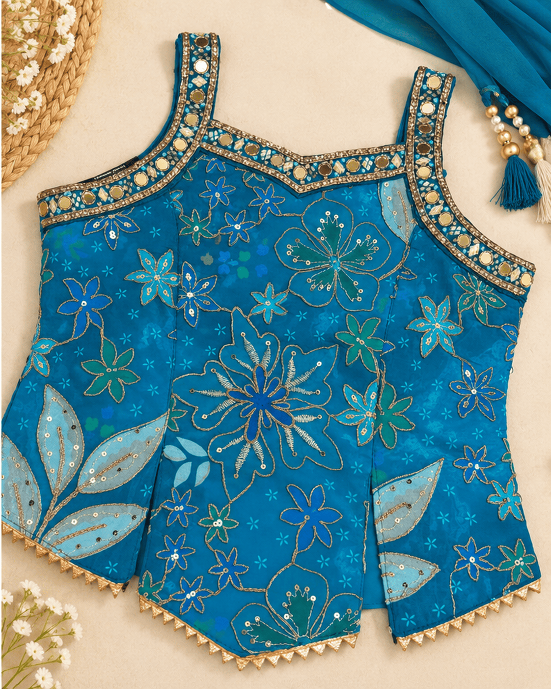 Girls Turquoise Blue Soft Silk Embroidered Sharara Set