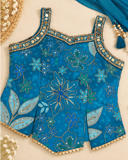 Girls Turquoise Blue Soft Silk Embroidered Sharara Set