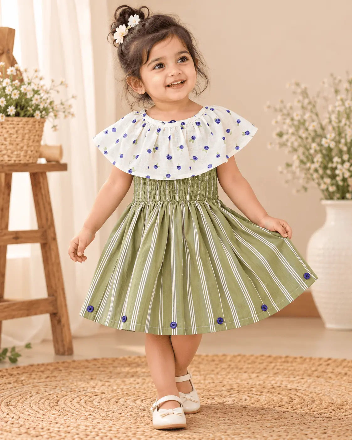 Girls Olive Green Blueberry Print Cotton Dress | 100% Cotton Summer Dress for Kids