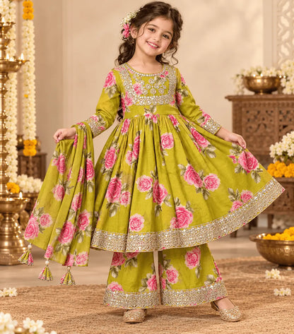 Girls Olive Green Floral Anarkali Set with Palazzo & Dupatta | 3-Piece Kids Ethnic Wear for Diwali, Wedding & Festive Wear