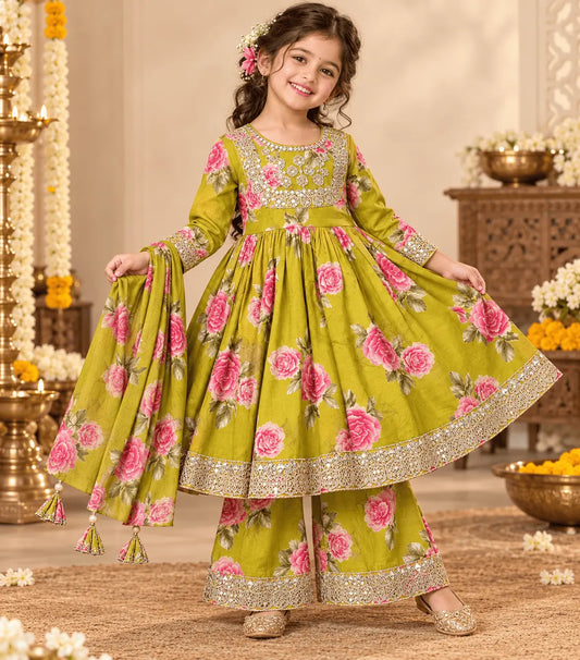 Girls Olive Green Floral Anarkali Set with Palazzo & Dupatta | 3-Piece Kids Ethnic Wear for Diwali, Wedding & Festive Wear