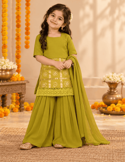 Girls Mustard Green Bandhani Sharara Set with Dupatta & Blouse | 4-Piece Kids Ethnic Wear for Diwali, Wedding & Festive Wear