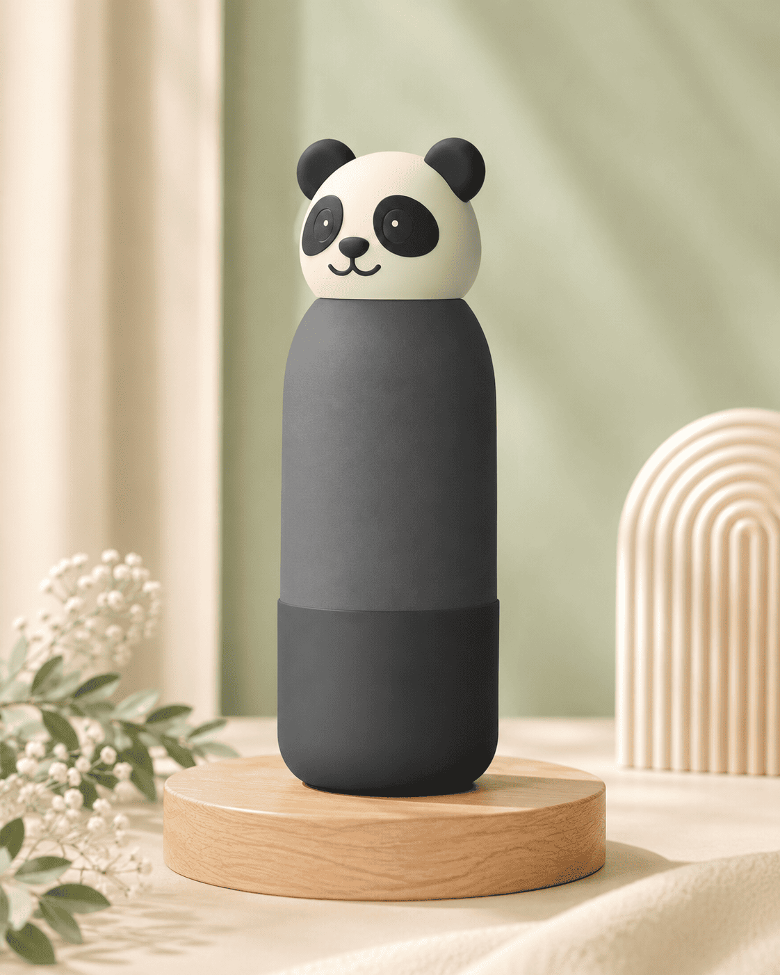 A cute panda-shaped bottle with a dark gray body and a white head featuring black ears, eyes, and nose, displayed on a round wooden pedestal against a soft, neutral background.