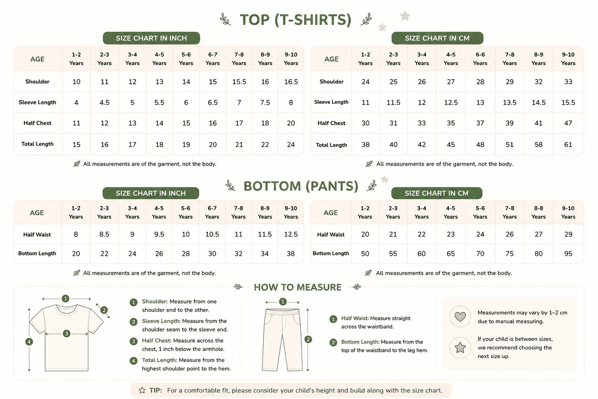 A size guide chart for children's apparel, displaying size tables for tops and bottoms with age groups, shirt sizes in inches, and shirt sizes in centimeters