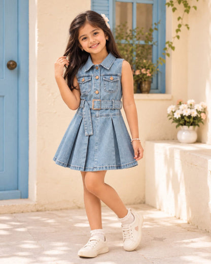 Sleeveless Belted Denim Pleated Dress