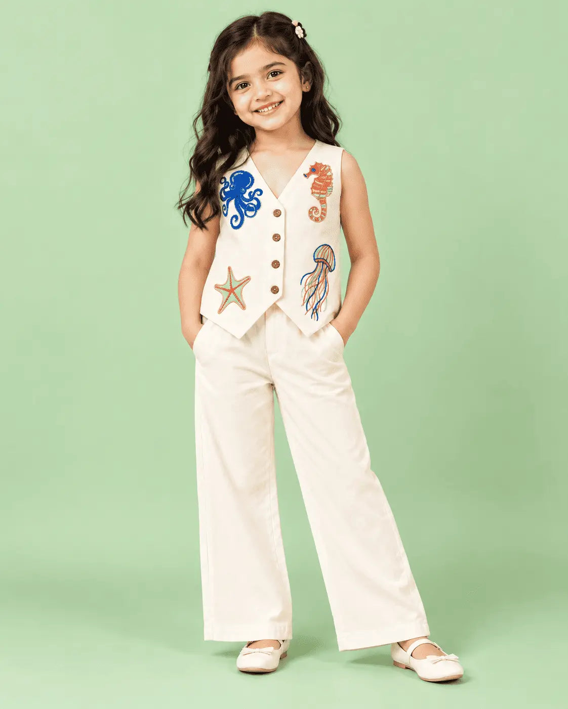 Girls Ivory Sea Life Embroidered Co-Ord Set | Viscose Rayon Sleeveless Top & Wide Leg Pants