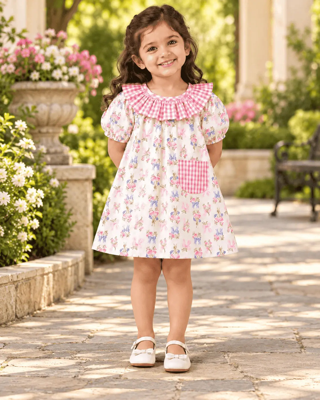 Girls 100% Cotton Floral Frock with Pink Check Ruffle Collar & Pocket | Casual Summer Dress for Kids
