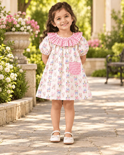 Girls 100% Cotton Floral Frock with Pink Check Ruffle Collar & Pocket | Casual Summer Dress for Kids