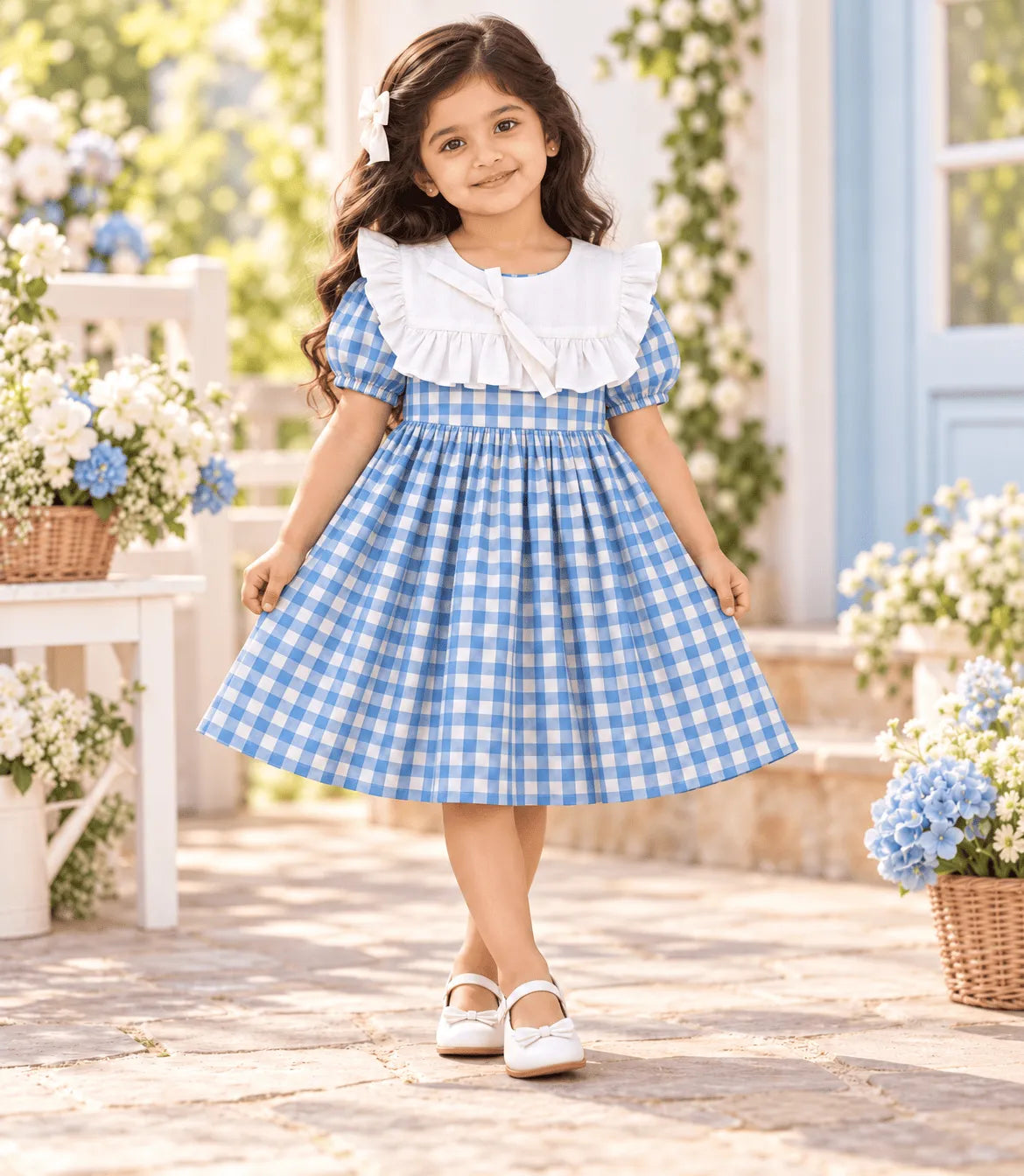 Girls Blue Gingham Cotton Dress | Puff Sleeve Checkered Frock with White Ruffle Collar