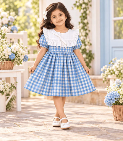 Girls Blue Gingham Cotton Dress | Puff Sleeve Checkered Frock with White Ruffle Collar
