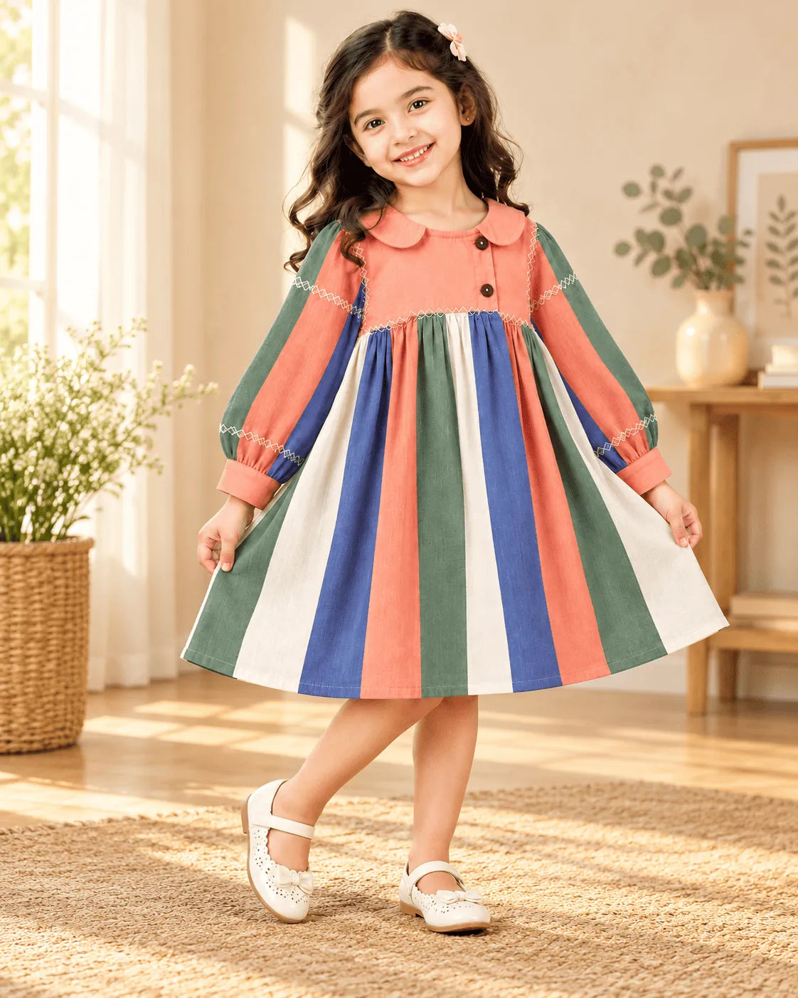 Girls Multicolor Striped Cotton Dress | Full Sleeve Casual Frock with Peter Pan Collar