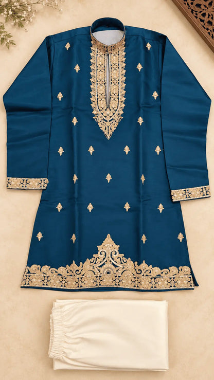 Boys Teal Blue Banarasi Silk Embroidered Kurta Pajama Set | Kids Ethnic Wedding & Festive Wear