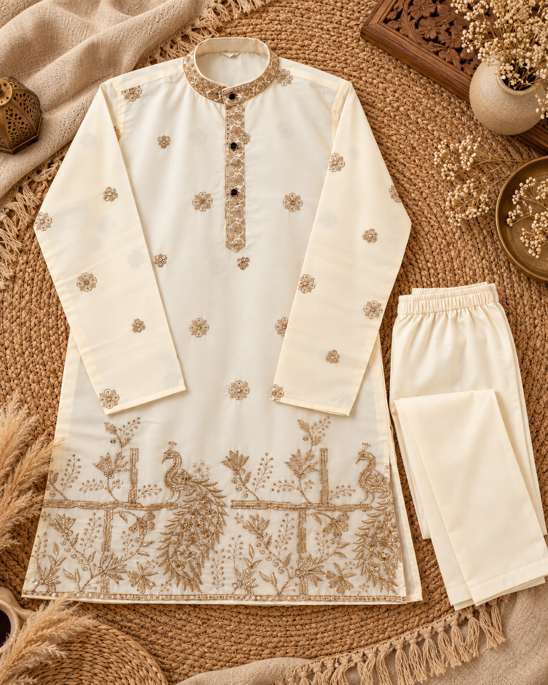 Royal Peacock Embroidered Brown Kurta Pajama Set for Boys
