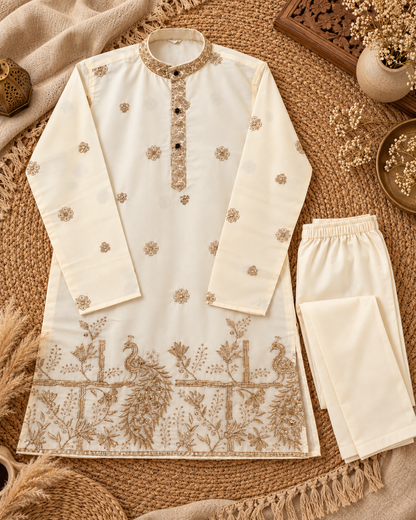 Royal Peacock Embroidered Brown Kurta Pajama Set for Boys