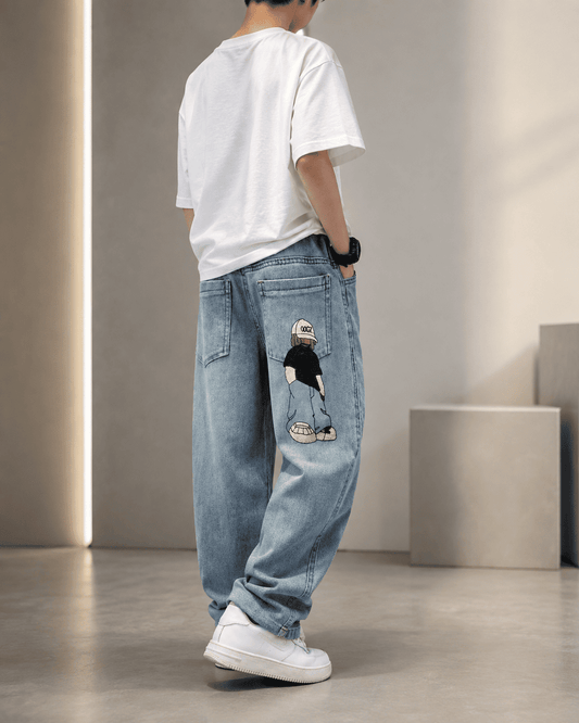 Wide Leg Baggy Denim Cartoon Embroidery