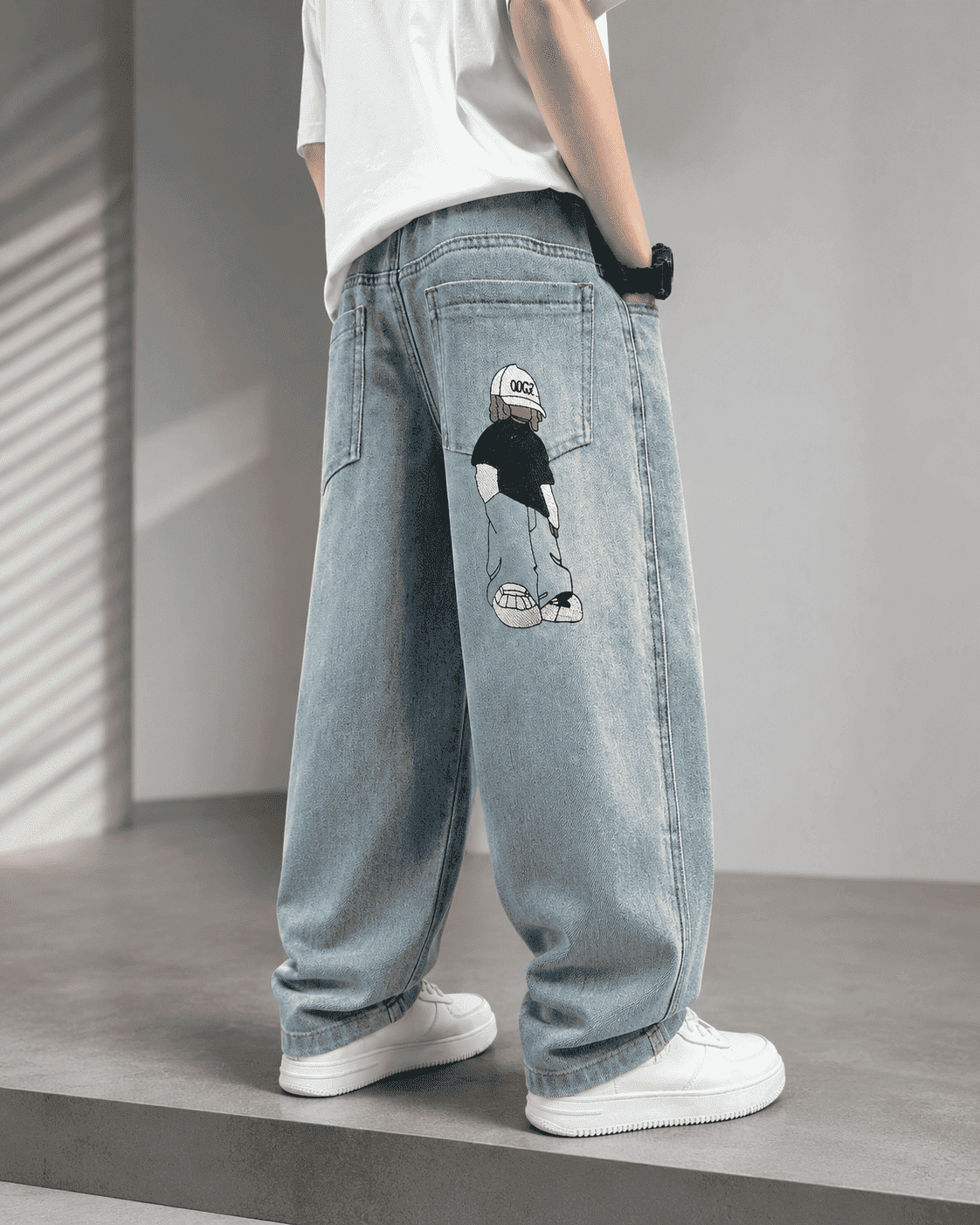 Wide Leg Baggy Denim Cartoon Embroidery