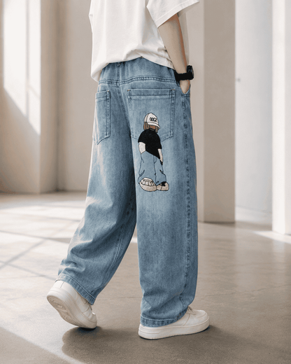 Wide Leg Baggy Denim Cartoon Embroidery