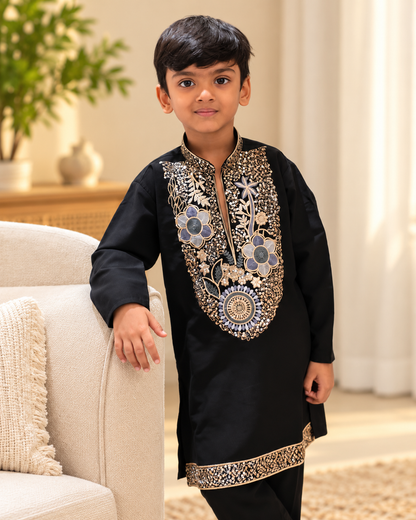 Midnight Bloom Black Embroidered Kurta Pajama Set for Boys