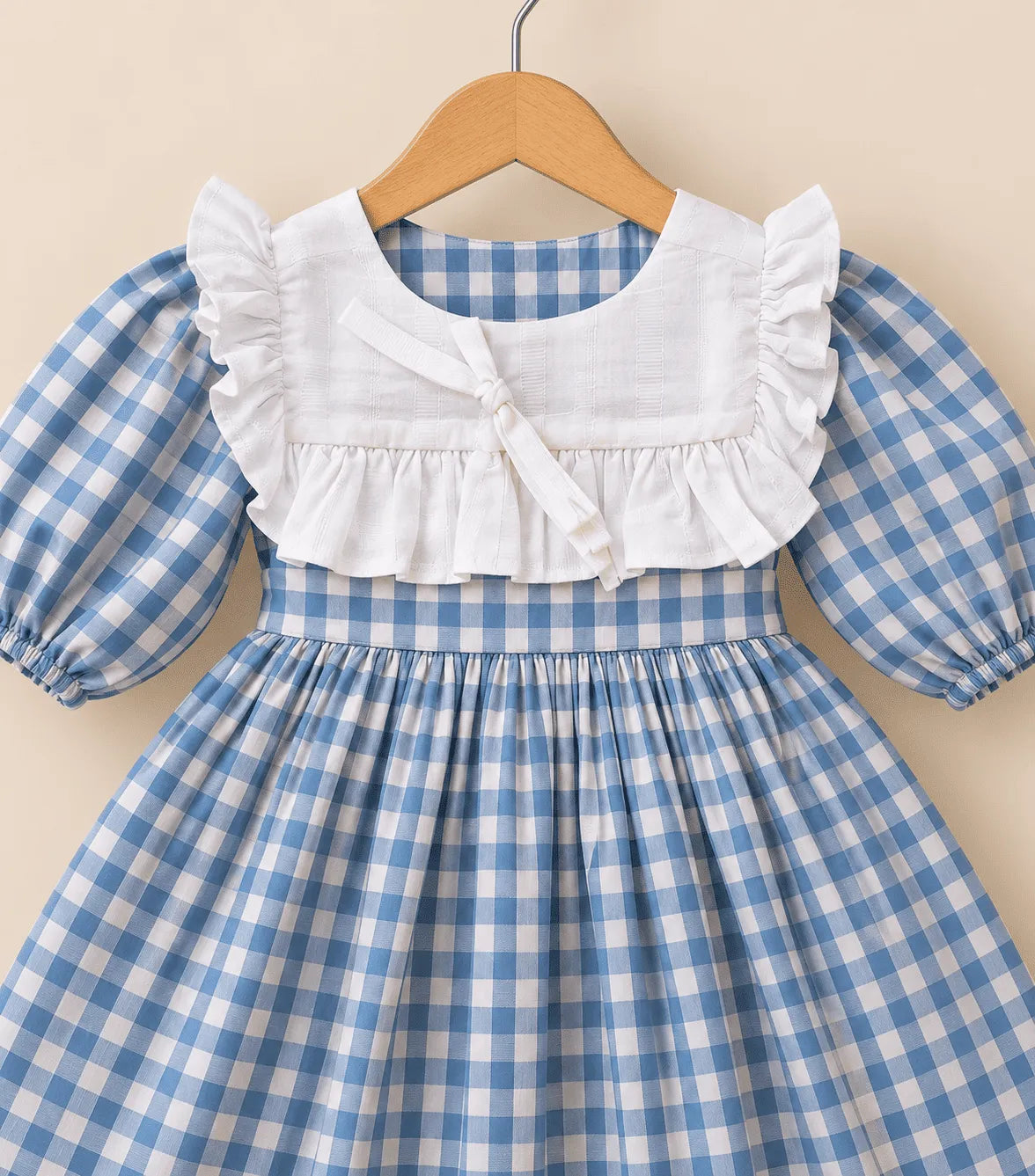 Girls Blue Gingham Cotton Dress | Puff Sleeve Checkered Frock with White Ruffle Collar