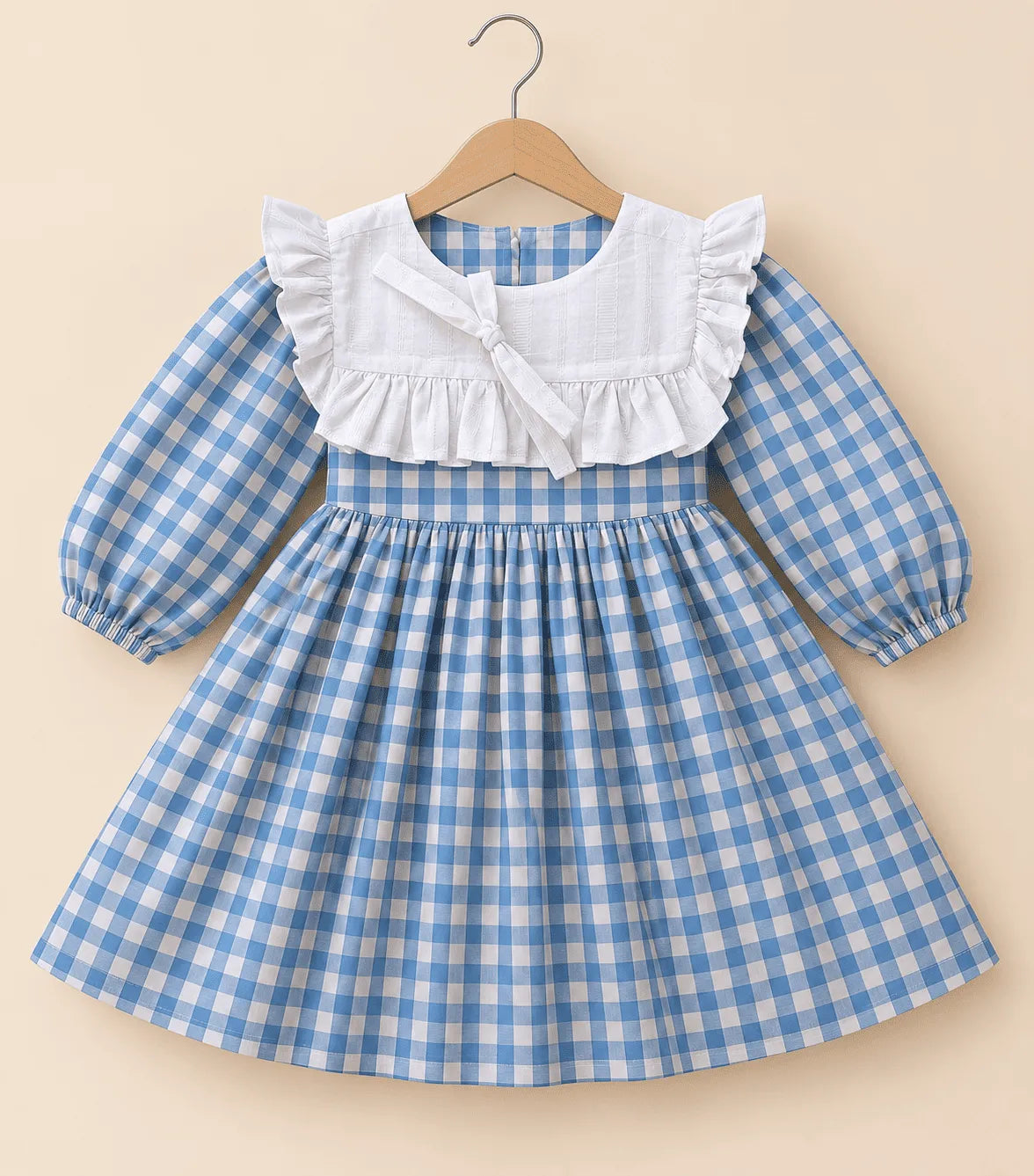 Girls Blue Gingham Cotton Dress | Puff Sleeve Checkered Frock with White Ruffle Collar