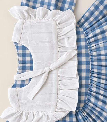 Girls Blue Gingham Cotton Dress | Puff Sleeve Checkered Frock with White Ruffle Collar