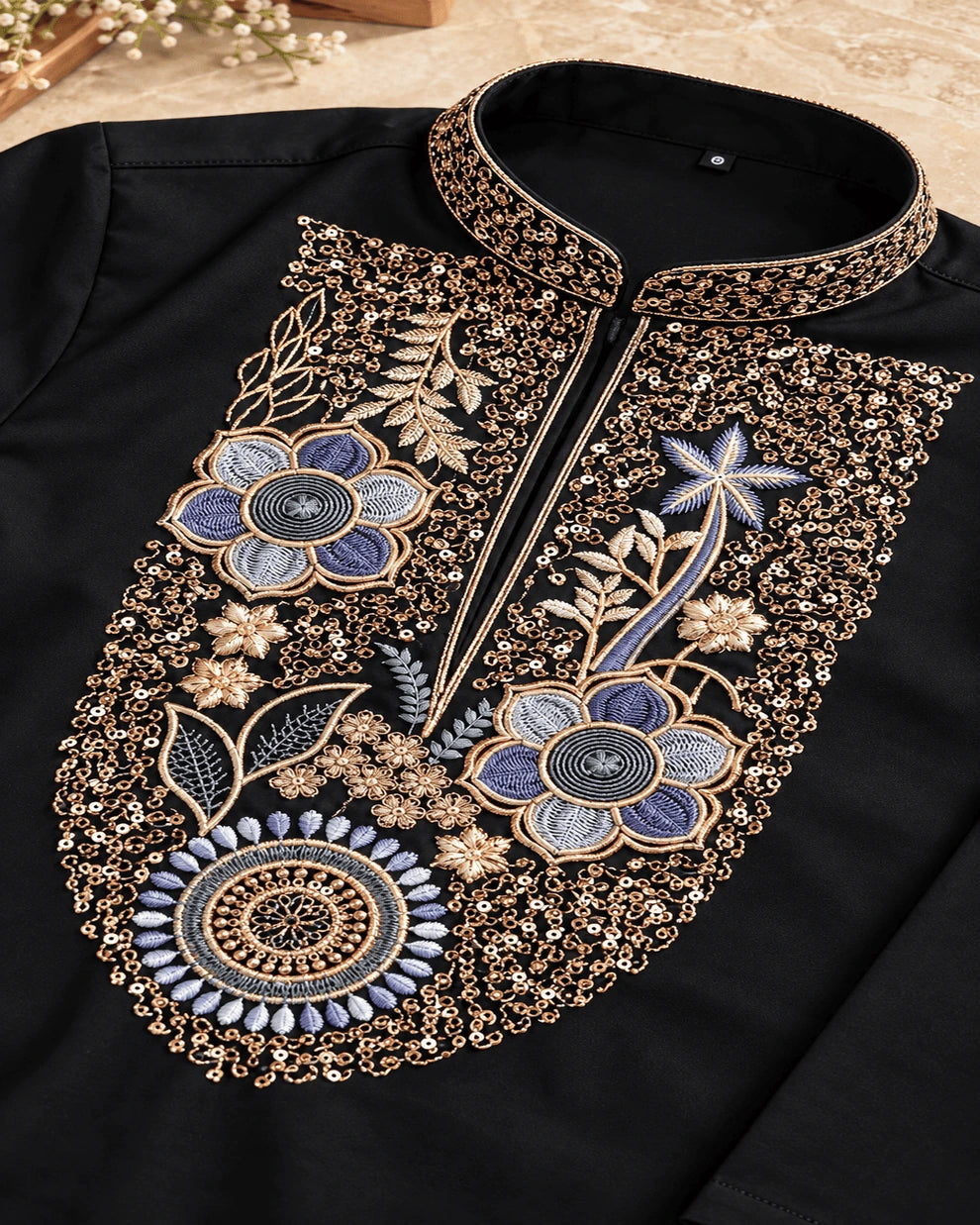 Midnight Bloom Black Embroidered Kurta Pajama Set for Boys
