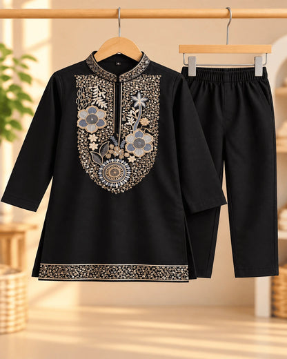 Midnight Bloom Black Embroidered Kurta Pajama Set for Boys