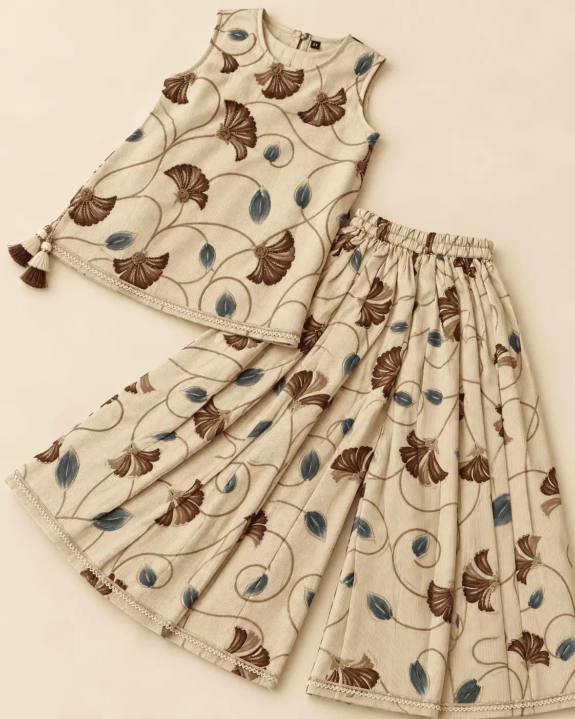 Girls Beige Floral Kurti, Palazzo Pants & Dupatta Set | 3-Piece Kids Ethnic Wear for Wedding, Diwali & Festive Occasions