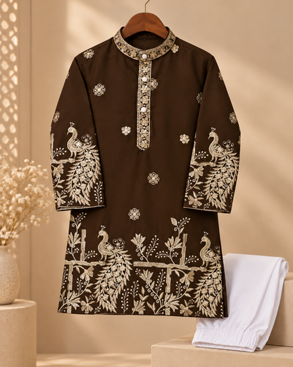 Royal Peacock Embroidered Brown Kurta Pajama Set for Boys