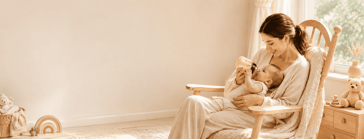 A woman in a matching beige loungewear set sits in a wooden rocking chair holding a baby while drinking from a yellow bottle in a softly lit nursery.
