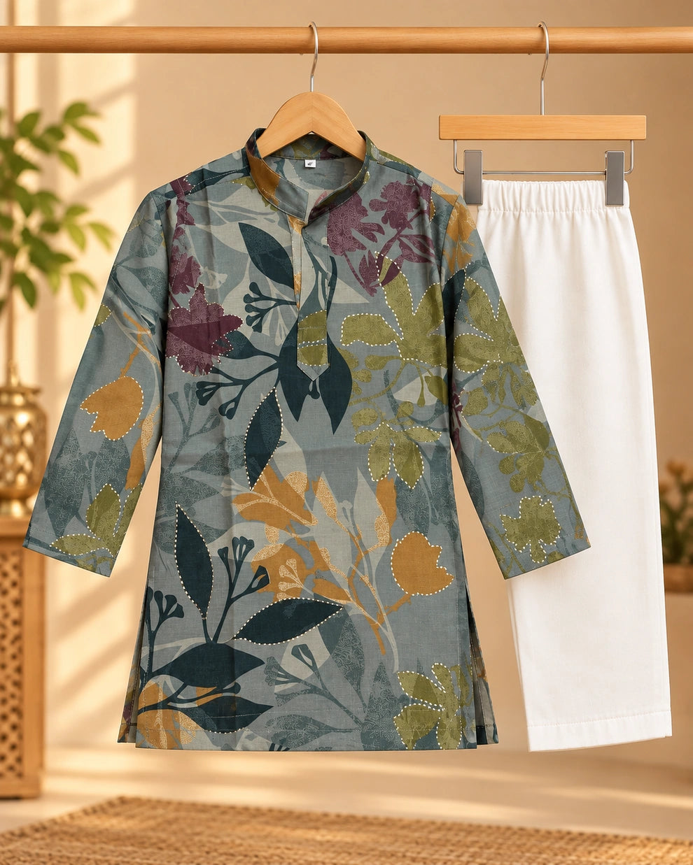 Boys Grey Floral Printed Kurta Pajama Set – Kids Ethnic Wear for Weddings & Festivals