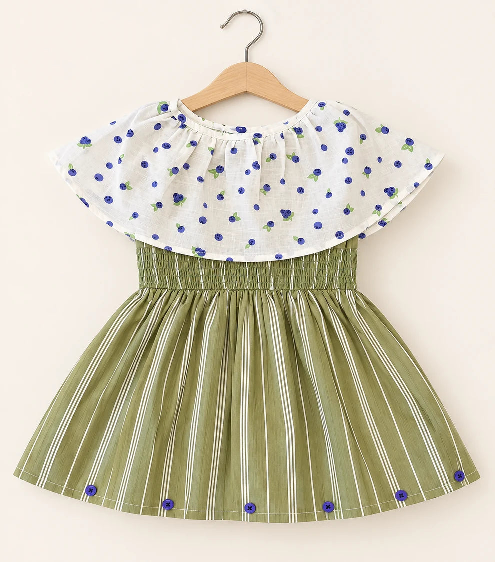 Girls Olive Green Blueberry Print Cotton Dress | 100% Cotton Summer Dress for Kids