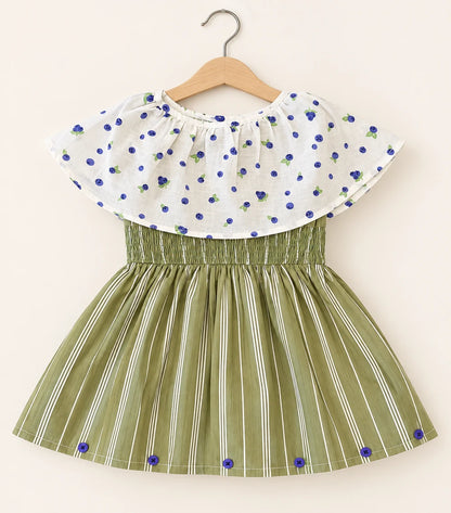 Girls Olive Green Blueberry Print Cotton Dress | 100% Cotton Summer Dress for Kids