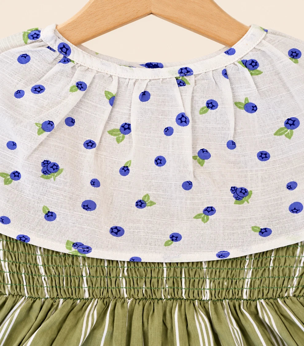Girls Olive Green Blueberry Print Cotton Dress | 100% Cotton Summer Dress for Kids