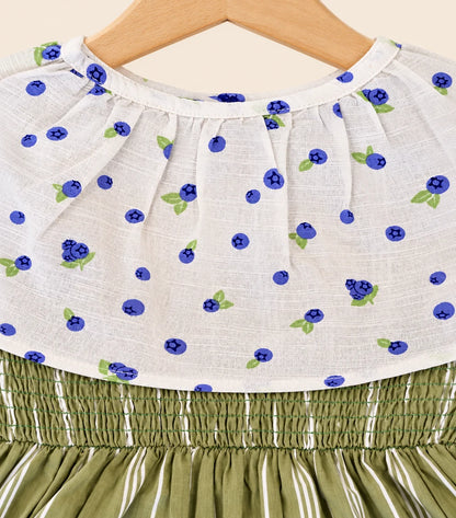 Girls Olive Green Blueberry Print Cotton Dress | 100% Cotton Summer Dress for Kids