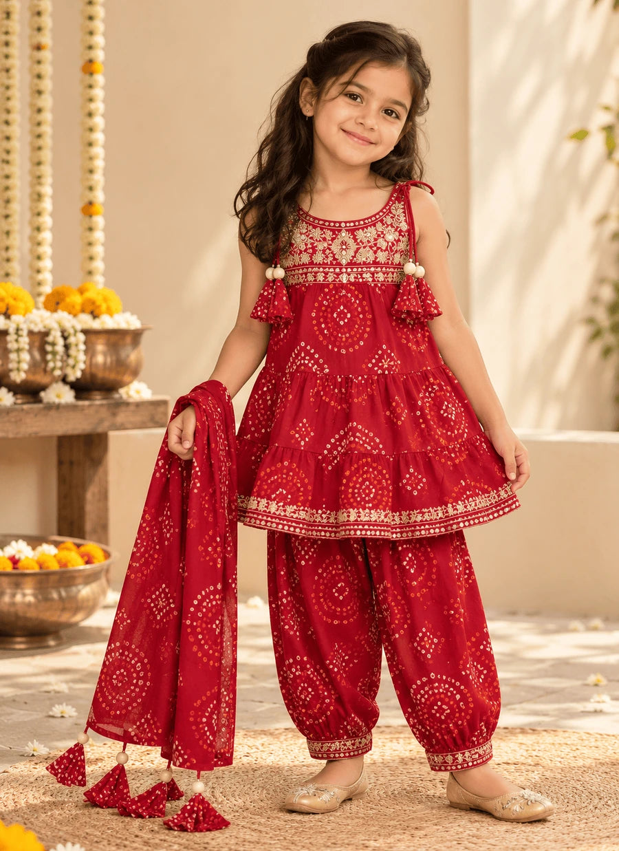 Girls Red Bandhani Embroidered Kurta, Pajama & Dupatta 3-Piece Set | Kids Festive Ethnic Wear