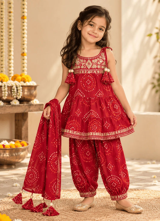 Girls Red Bandhani Embroidered Kurta, Pajama & Dupatta 3-Piece Set | Kids Festive Ethnic Wear