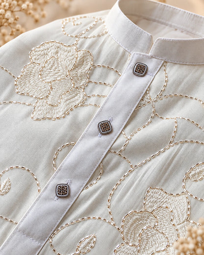Ivory Noor Floral Embroidered Kurta Pajama Set for Boys