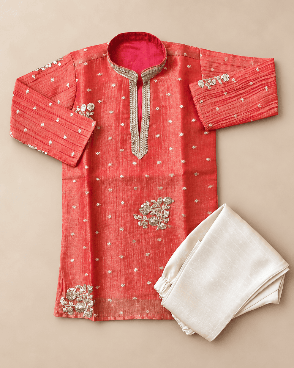 Boys Orange Embroidered Kurta Pajama Set – Kids Ethnic Wear for Wedding & Festivals