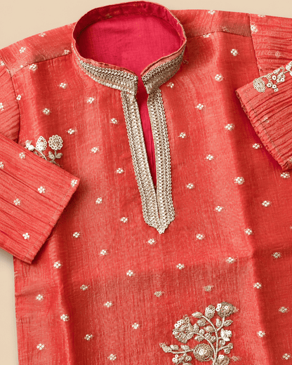 Boys Orange Embroidered Kurta Pajama Set – Kids Ethnic Wear for Wedding & Festivals