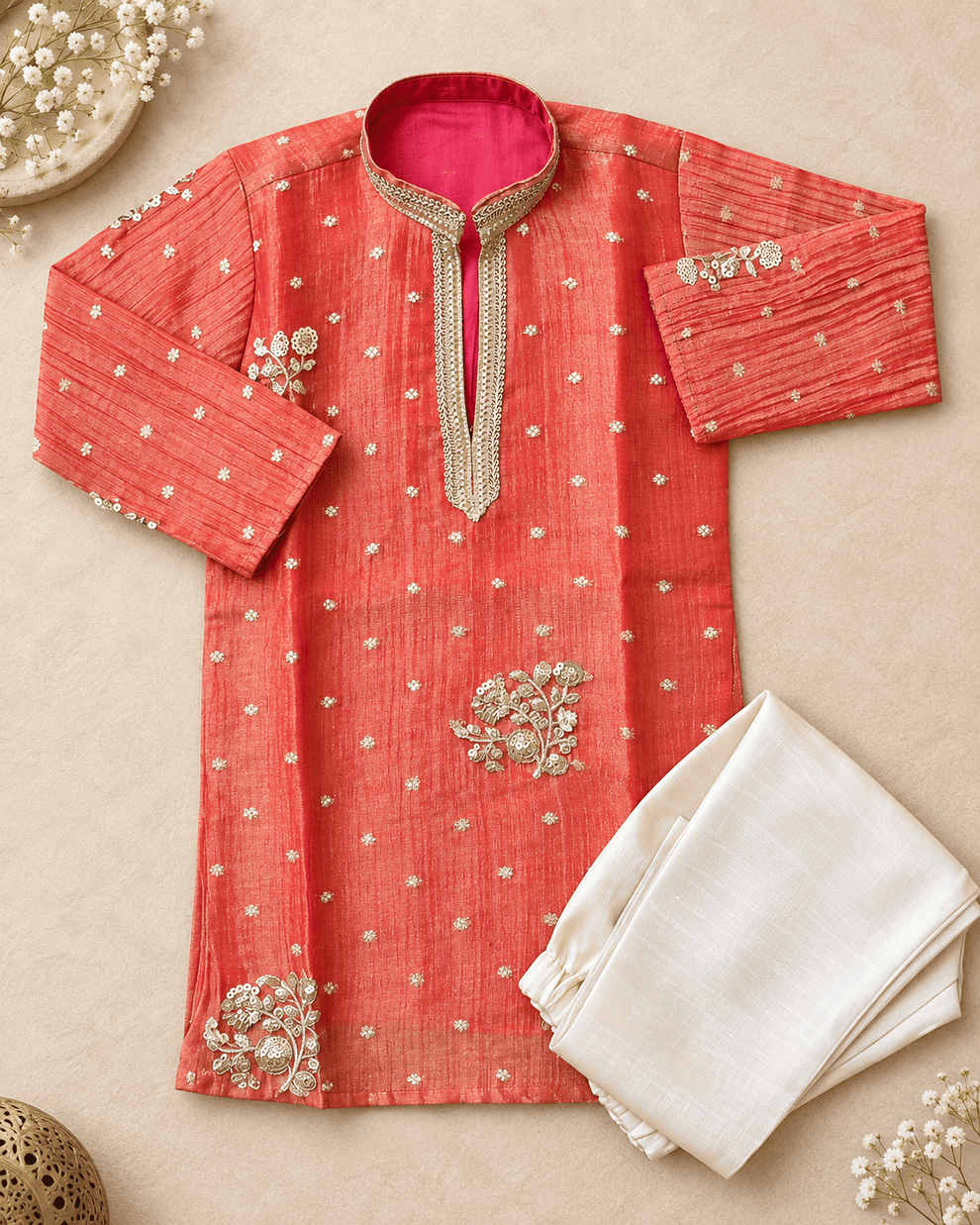 Boys Orange Embroidered Kurta Pajama Set – Kids Ethnic Wear for Wedding & Festivals