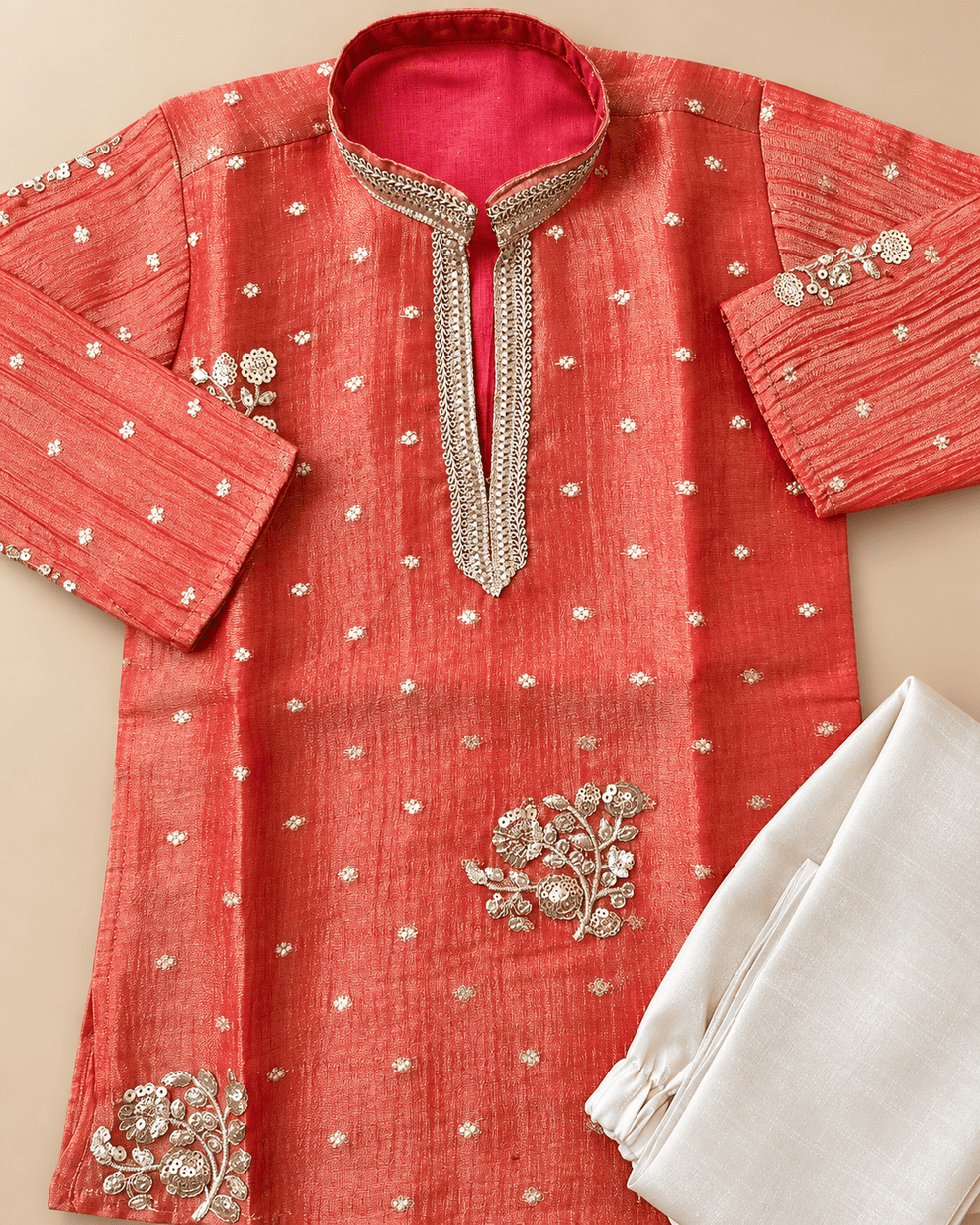 Boys Orange Embroidered Kurta Pajama Set – Kids Ethnic Wear for Wedding & Festivals