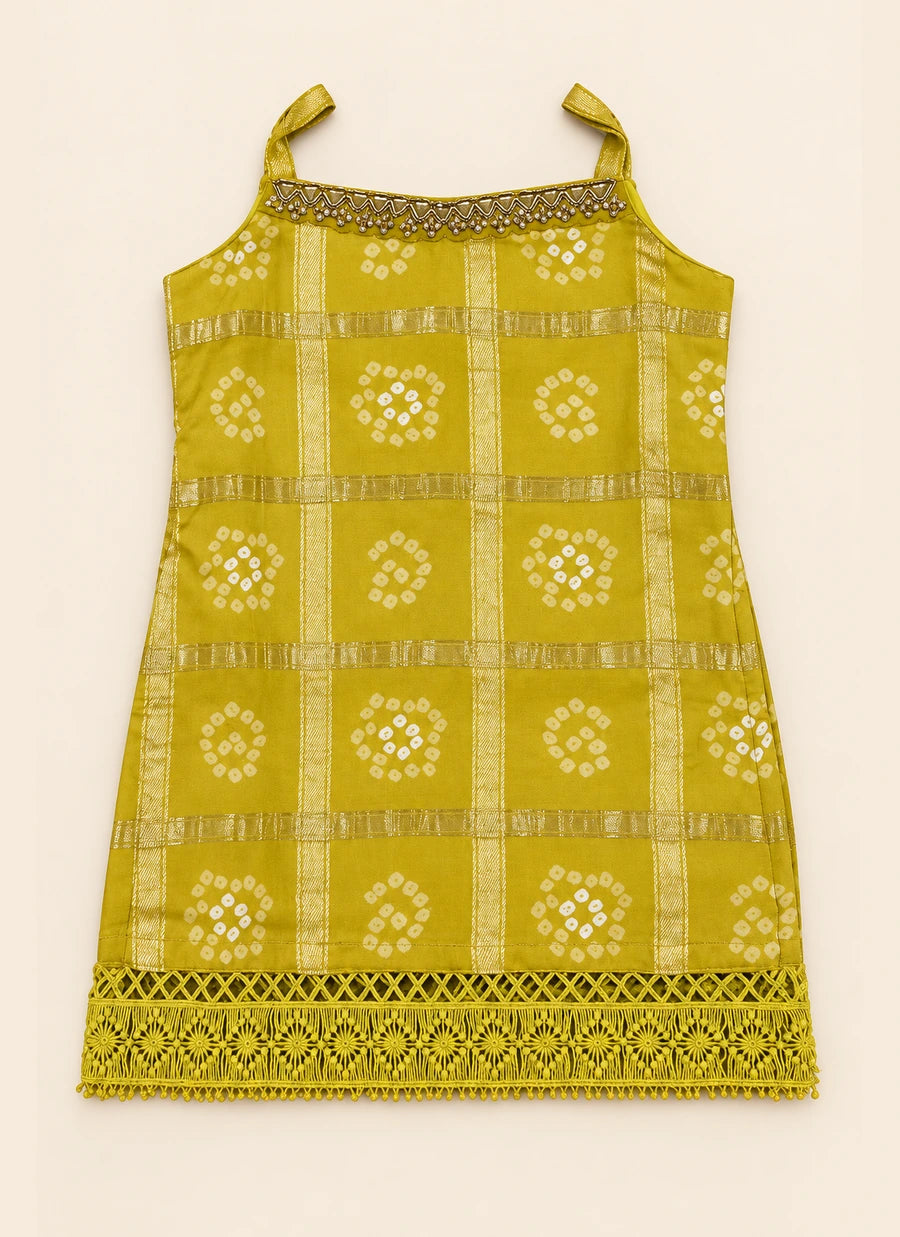 Girls Mustard Green Bandhani Sharara Set with Dupatta & Blouse | 4-Piece Kids Ethnic Wear for Diwali, Wedding & Festive Wear