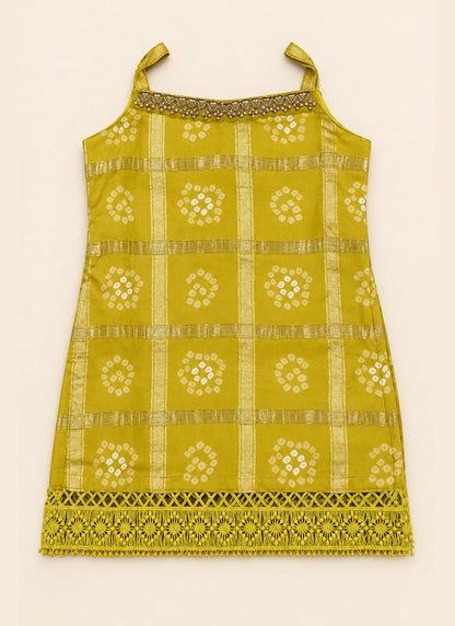 Girls Mustard Green Bandhani Sharara Set with Dupatta & Blouse | 4-Piece Kids Ethnic Wear for Diwali, Wedding & Festive Wear
