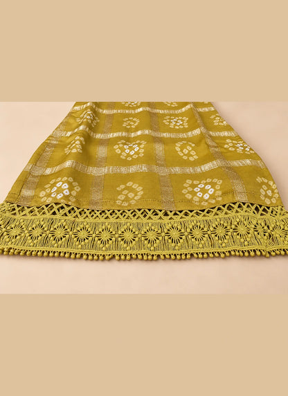 Girls Mustard Green Bandhani Sharara Set with Dupatta & Blouse | 4-Piece Kids Ethnic Wear for Diwali, Wedding & Festive Wear